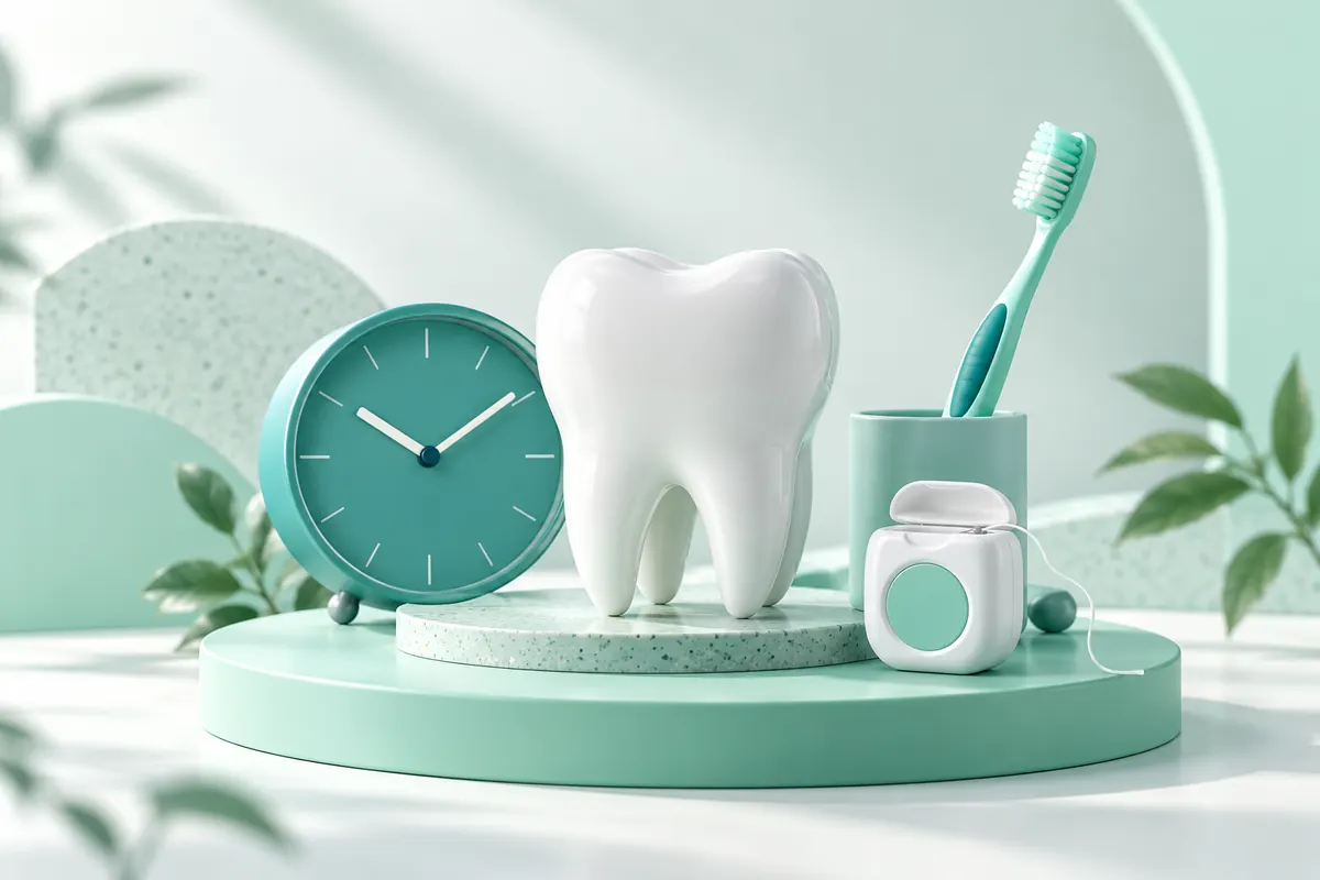 Tooth model, clock, toothbrush and floss representing long-term smile care