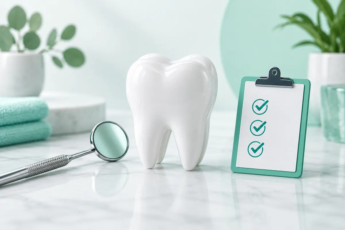 Tooth model, dental mirror and checklist representing treatment assessment
