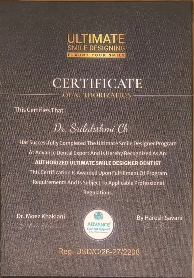 Complete Ultimate Smile Designing Certificate of Authorization issued by Advance Dental Export to Dr. Srilakshmi Ch., programme reference USD/C/26-27/2208